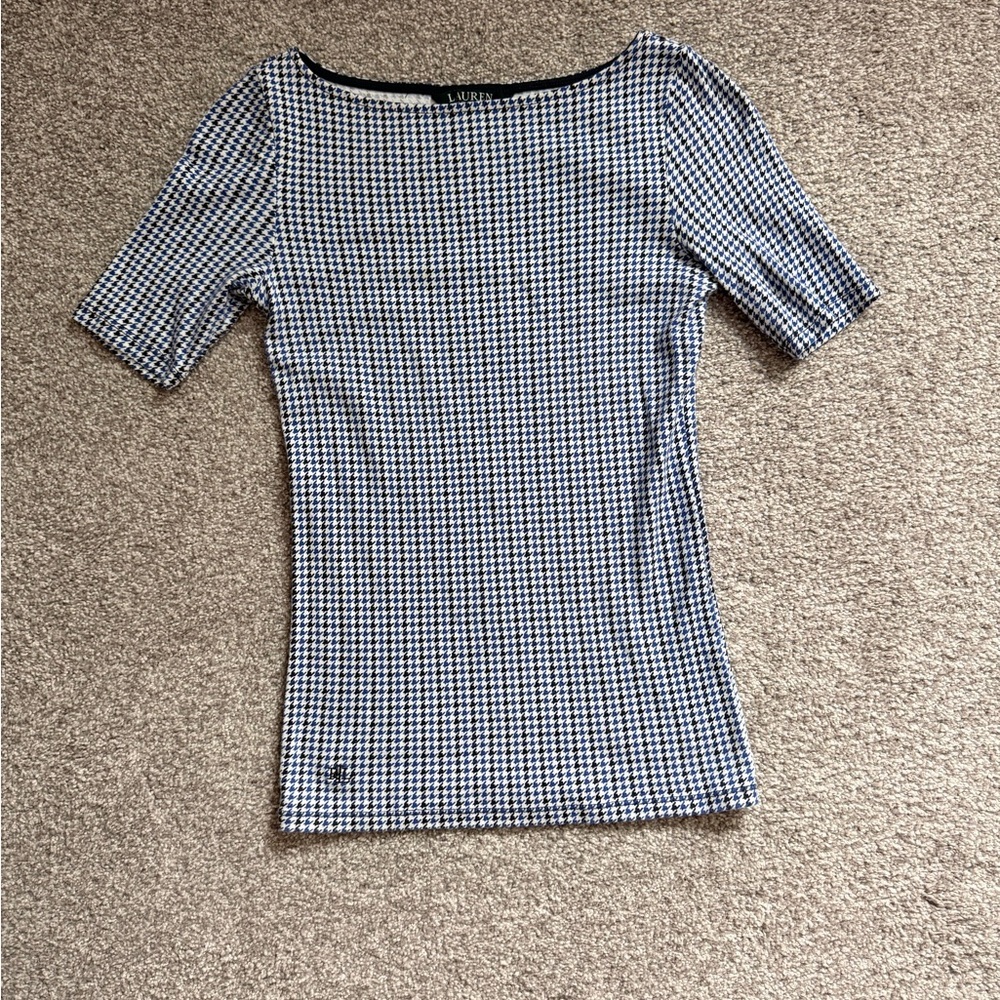 Lauren Ralph Lauren Navy and White Houndstooth 3/4 Short Sleeve Top